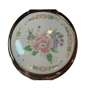 Porcelain Compact w 2 Mirrors Pink Floral‎ Design Gold Plated 2.75" Japan VTG